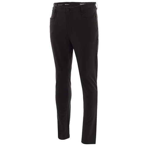 Black pants displayed upright showcasing a slim fit design with front pockets and a button closure in a neutral background environment typical for clothing promotions.