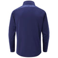 A navy blue long-sleeve polo shirt is displayed from the back showing a simple design and a collar with contrasting textured patches along the shoulders and sleeves in a clean, neutral background.