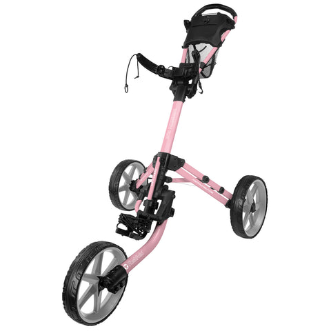 A golf pushcart with three wheels is displayed upright showcasing its adjustable handle and a basket for storage it is designed for transporting golf bags across various terrains.