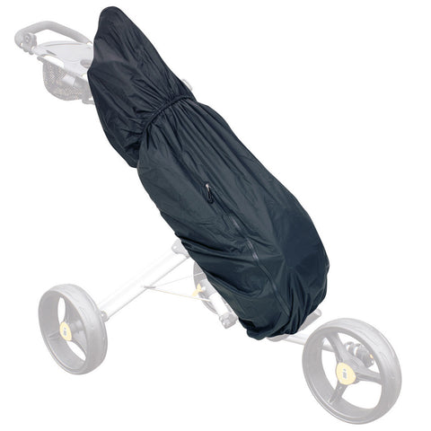 A black rain cover is draped over a stroller providing protection from the elements while the stroller is positioned upright in a bright and neutral background setting.