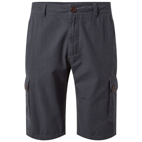 Dark cargo shorts feature multiple pockets and a button closure with a relaxed fit suitable for casual wear in warm or outdoor environments.