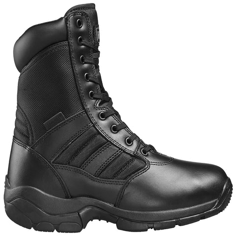 A black tactical boot features a high design with a combination of smooth leather and textured mesh, showcasing a lace-up front and rugged sole suitable for various terrains.