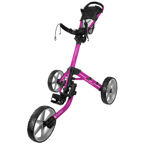 A golf pushcart with three wheels is positioned upright featuring an olive green frame adjustable handle and a storage compartment designed for transporting golf bags across various terrains.