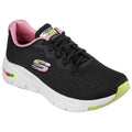 A black athletic shoe with pink and white accents is positioned slightly upward. It features a breathable mesh upper and cushioned sole designed for comfort and support, suitable for active wear.