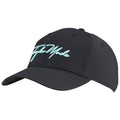 A black baseball cap features an embroidered turquoise logo that reads TaylorMade on the front, positioned in a standard angle for display in a neutral setting.