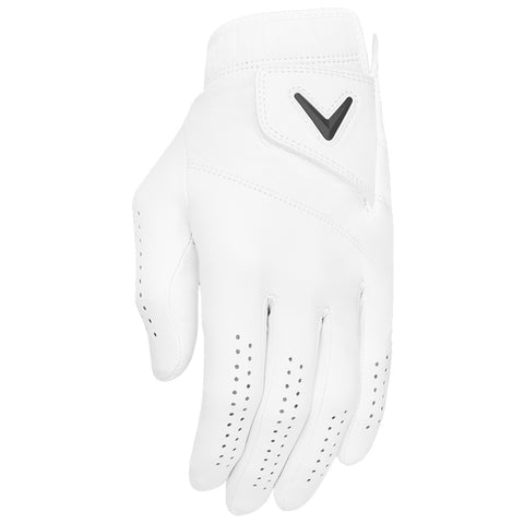 A white golf glove with perforations on the palm rests against a plain background showcasing its streamlined design intended for grip and comfort during play.