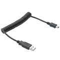 A coiled black USB cable with standard USB and micro USB connectors extends from one end to the other, designed for data transfer or charging between devices.