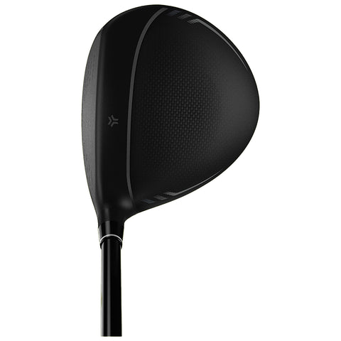 A golf club head is positioned overhead showcasing a smooth black finish with visible texture patterns the sleek design emphasizes its aerodynamic shape for swing optimization during play.