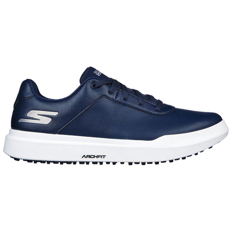 A navy sneaker with a white sole features a sleek design and lace-up closure it is positioned against a plain white backdrop highlighting its modern style and comfort.