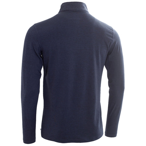 A dark navy long-sleeved shirt is displayed from the back with a slight collar and fitted sleeves showcasing a smooth fabric texture without any visible branding or designs.