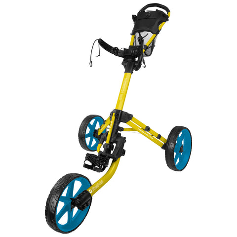 A bright yellow golf push cart stands upright with large blue wheels and a handle, designed for transporting golf clubs across the course, suitable for outdoor golfing activities.