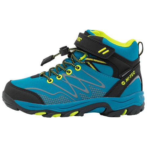 A blue and black hiking boot with yellow accents is positioned upright showcasing its design features including a secure fastening system and textured sole for traction in outdoor environments.