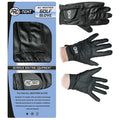 A black golf glove displayed on packaging shows its features including synthetic leather and stretch panels. Two hands wear the glove, demonstrating its fit and flexibility for golfing.