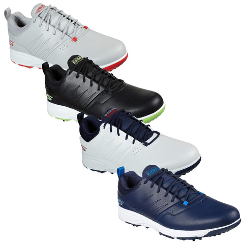 Skechers Mens Torque Pro Golf Shoes Four pairs of athletic shoes are displayed in a staggered arrangement. Each pair features a different color scheme: gray red, black green, white blue, and navy blue.