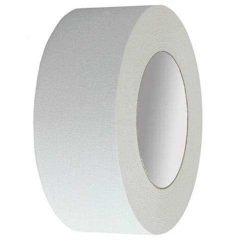 A roll of white masking tape is upright resting on a flat surface showcasing its cylindrical shape and smooth texture designed for various crafting and painting applications.