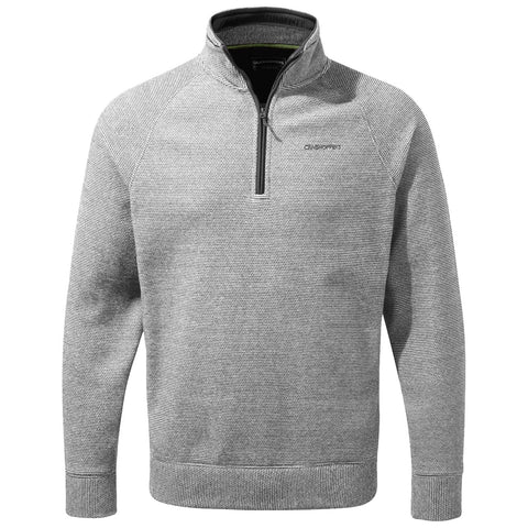 A gray quarter-zip sweater with a textured pattern is displayed frontally featuring a collar and a zippered opening it is designed for casual wear in a modern setting.