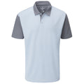 Polo shirt is light blue with gray sleeves and collar displayed upright without any visible person surrounding it showcasing a casual clothing style suitable for warm weather