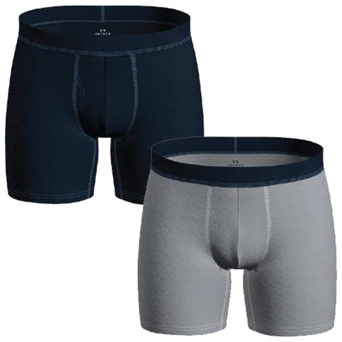 Two pairs of men's boxer briefs are displayed one in dark navy blue and the other in light gray featuring a fitted design and elastic waistband placed against a plain background.