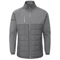 A gray jacket is displayed front-facing featuring a zippered front and a combination of smooth and padded textures with a grid pattern on the lower half suitable for outdoor activities.