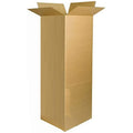 A tall rectangular cardboard box stands upright with its flaps open at the top suggesting it is prepared for filling with items or for storage in a shipping context.