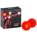 A red box features Iron Man artwork and contains two vibrant red golf balls. The balls are embossed with the Iron Man logo and text reading Volvik.