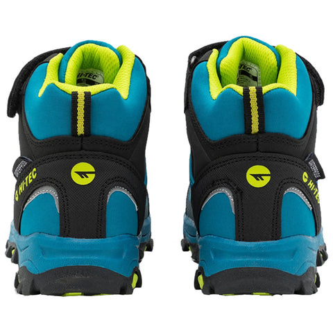 A pair of blue and black hiking boots is positioned upright with a focus on the heels. The boots have bright yellow accents and a rugged sole designed for outdoor activity.