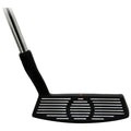 A black golf putter is positioned upright with a chrome shaft visible the clubhead features horizontal grooves and a central alignment aid in a plain white background.