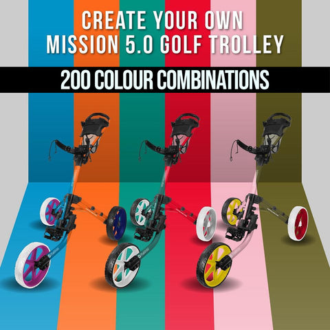 A golf trolley is displayed in three different colors against a colorful striped background showcasing a variety of customization options with the text CREATE YOUR OWN MISSION 5.0 GOLF TROLLEY 200 COLOUR COMBINATIONS