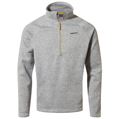 A gray quarter-zip fleece pullover stands upright showcasing textured fabric and long sleeves with a zippered neckline for adjustable warmth in casual or outdoor settings.