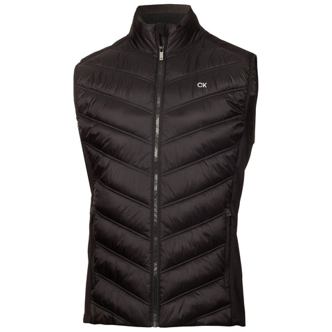 A sleeveless black puffer vest hangs upright showcasing a quilted design and a zip closure featuring a small logo on the chest area. It is displayed against a plain background.