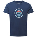 A navy blue t-shirt features a circular graphic with mountains and text that reads NEVER HOLD BACK EXPLORER CLUB ALWAYS MOVE AHEAD BASE CAMP.