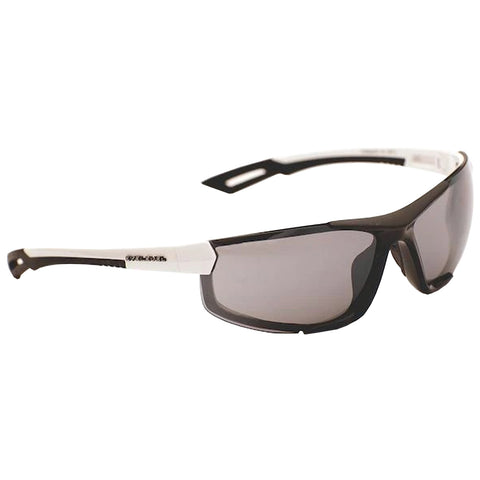 Sunglasses are displayed resting on a surface with dark frames and gray lenses featuring a sporty design suitable for outdoor activities, showcasing a combination of black and white colors.