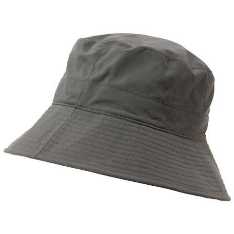 A grey bucket hat is displayed at an angle the soft fabric is wrinkled and has a wide brim suitable for shading the face in outdoor settings.