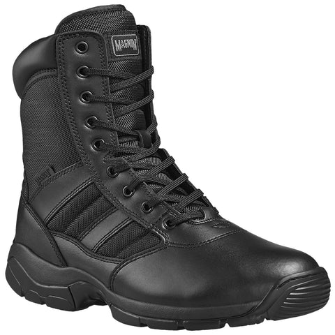 A black tactical boot features a high ankle design with reinforced eyelets and mesh panels providing breathability while set against a plain background.