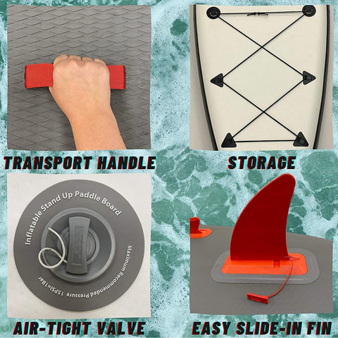 A hand grips a red transport handle on a textured surface while a paddleboard features storage bungee, an air-tight valve, and a red fin on a water-themed background. Text includes "TRANSPORT HANDLE," "STORAGE," "AIR-TIGHT VALVE," and "EASY SLIDE-IN FIN."