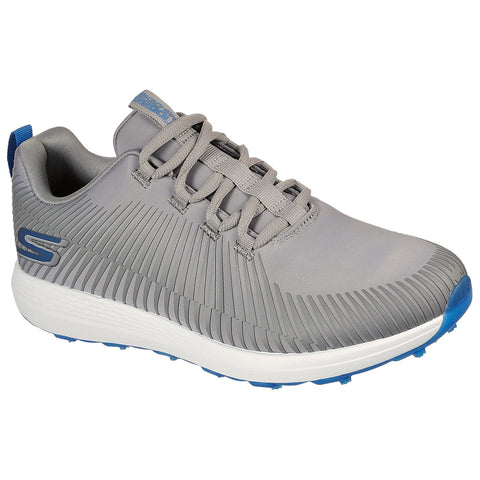 A gray golf shoe with textured stripes features a white sole and blue accents while positioned against a neutral background highlighting its design and structure.