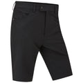 Black shorts are displayed in a standing position featuring a simple design with a button and zipper closure along with a front pocket showcasing a casual, versatile style suitable for warm weather.