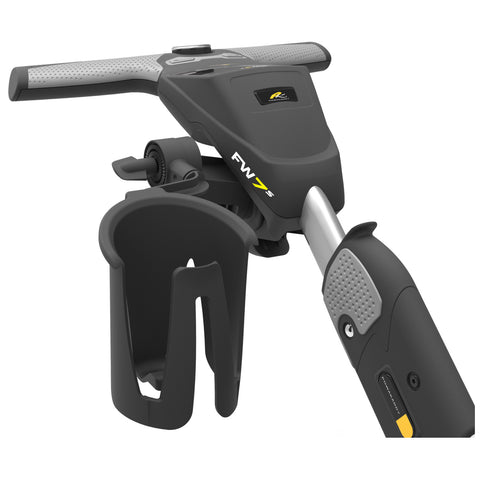 A steering handle for a fishing rod features control buttons and a cup holder below. It is part of a rotational system designed for maneuverability in a fishing context.