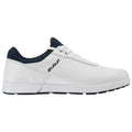 A white athletic shoe is displayed prominently on a plain background showcasing its smooth leather upper and dark blue collar with minimal detailing and a black traction outsole designed for comfort and performance.