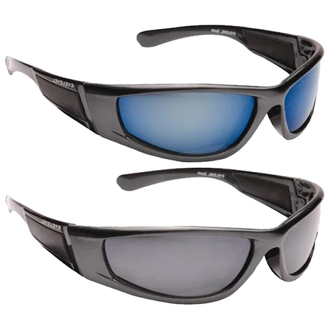 Sunglasses with a sleek black frame feature two lens variants one blue and one gray both lenses offer a sporty design suitable for outdoor activities or sun protection.