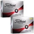 Two boxes of golf balls are displayed side by side. Each box is silver with red and black designs featuring the Titleist logo and stating Pro V1x. One box indicates yellow.