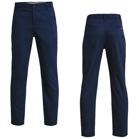 Navy blue trousers are displayed from the front and back showcasing a fitted design with a button closure front and two back pockets suitable for casual or formal wear.