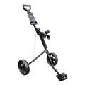 A three-wheeled golf cart stands upright with a handle for pushing the cart while carrying golf clubs in a holder, designed for ease of transport on a golf course.