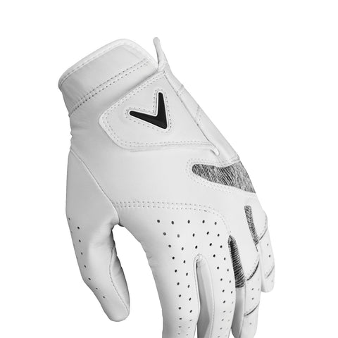 A white golf glove is displayed prominently with perforations for breathability and a textured area for grip set against a plain background suggesting a focus on the glove's design and functionality.