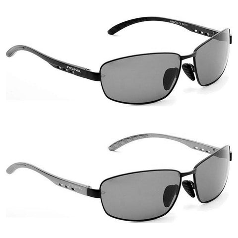 Two pairs of dark sunglasses are displayed side by side both have rectangular lenses and sleek black frames showcasing a modern design suitable for outdoor use.