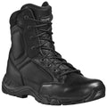 A black tactical boot features a lace-up design with reinforced elements and a sturdy sole providing support and durability suitable for rugged environments.