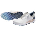 A pair of white golf shoes is displayed with a round lacing system and contrasting navy accents the bottom features a textured outsole designed for traction on the course