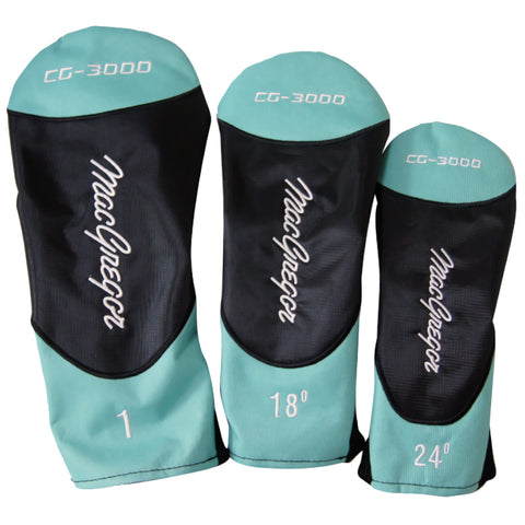 Three golf club head covers are displayed in a vertical arrangement with a black and turquoise design featuring the brand name MacGregor and numerical labels 1 18° and 24°