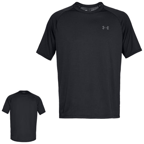 A black athletic t-shirt displays a simple design with short sleeves and a round neck resting on a flat surface with another angle shown behind it in a neutral environment.