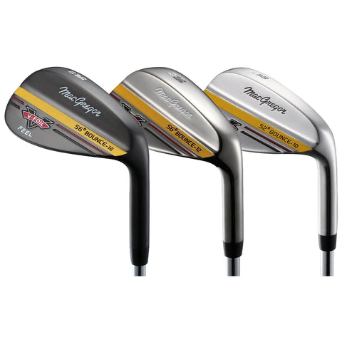 Three golf wedges are displayed standing side by side. Each has a distinct design with varying colors and degrees labeled. They are positioned against a plain background.